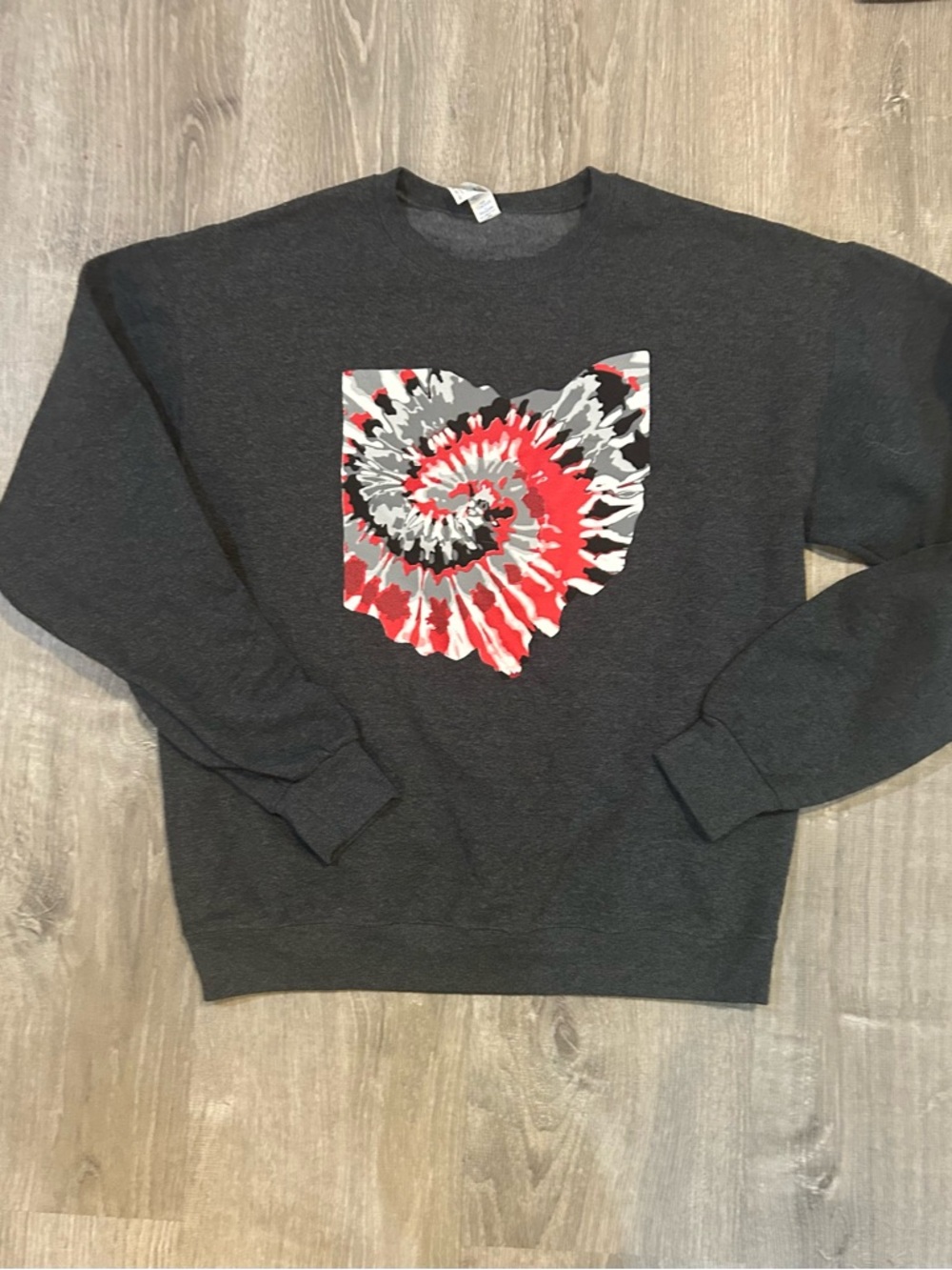 Jerzees woman’s size medium  Gray Crewneck Sweatshirt with Red & Gray Tie-Dye